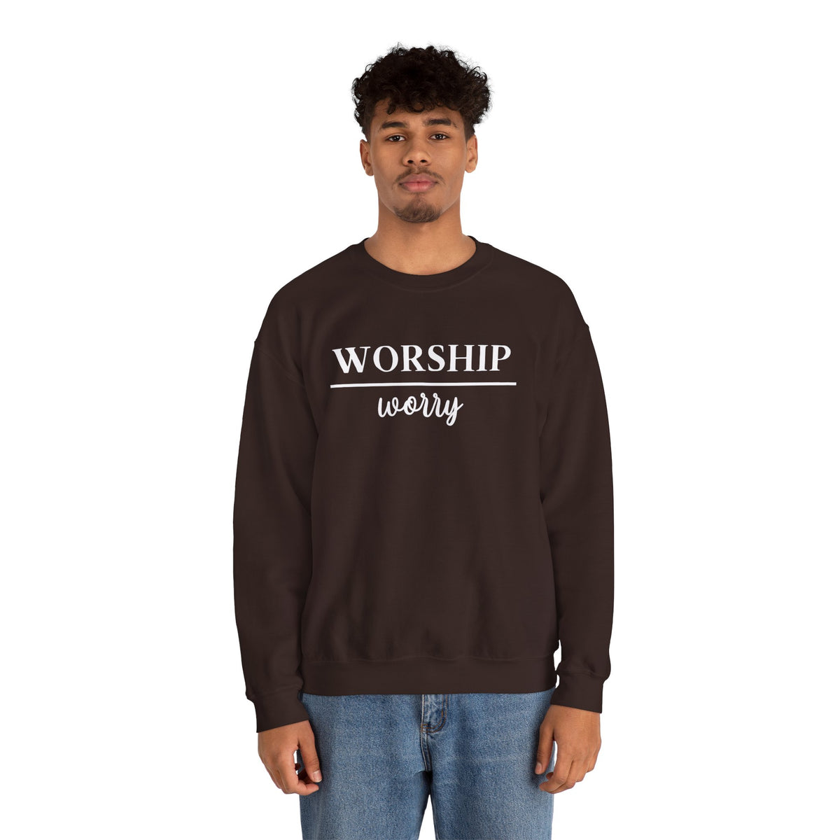 Worship Over Worry Crewneck Sweatshirt — Fall Colors Christian Faith Encouragement Pullover