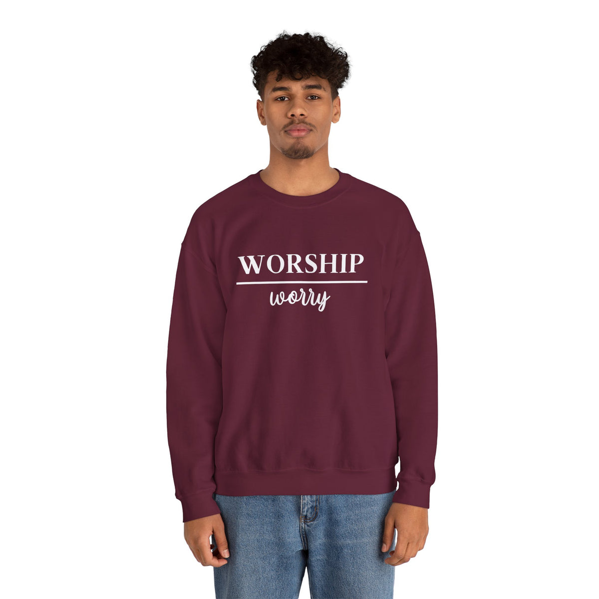 Worship Over Worry Crewneck Sweatshirt — Fall Colors Christian Faith Encouragement Pullover