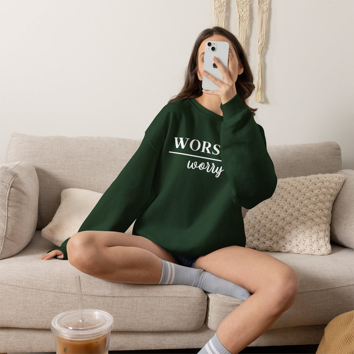 Worship Over Worry Crewneck Sweatshirt — Fall Colors Christian Faith Encouragement Pullover