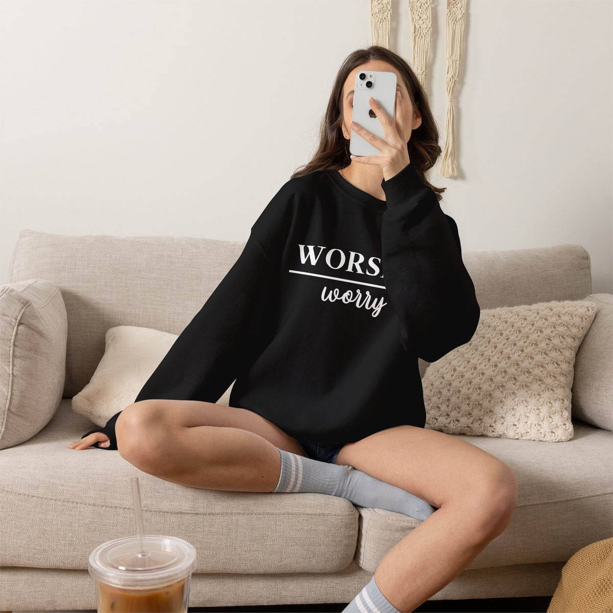 Worship Over Worry Crewneck Sweatshirt — Fall Colors Christian Faith Encouragement Pullover