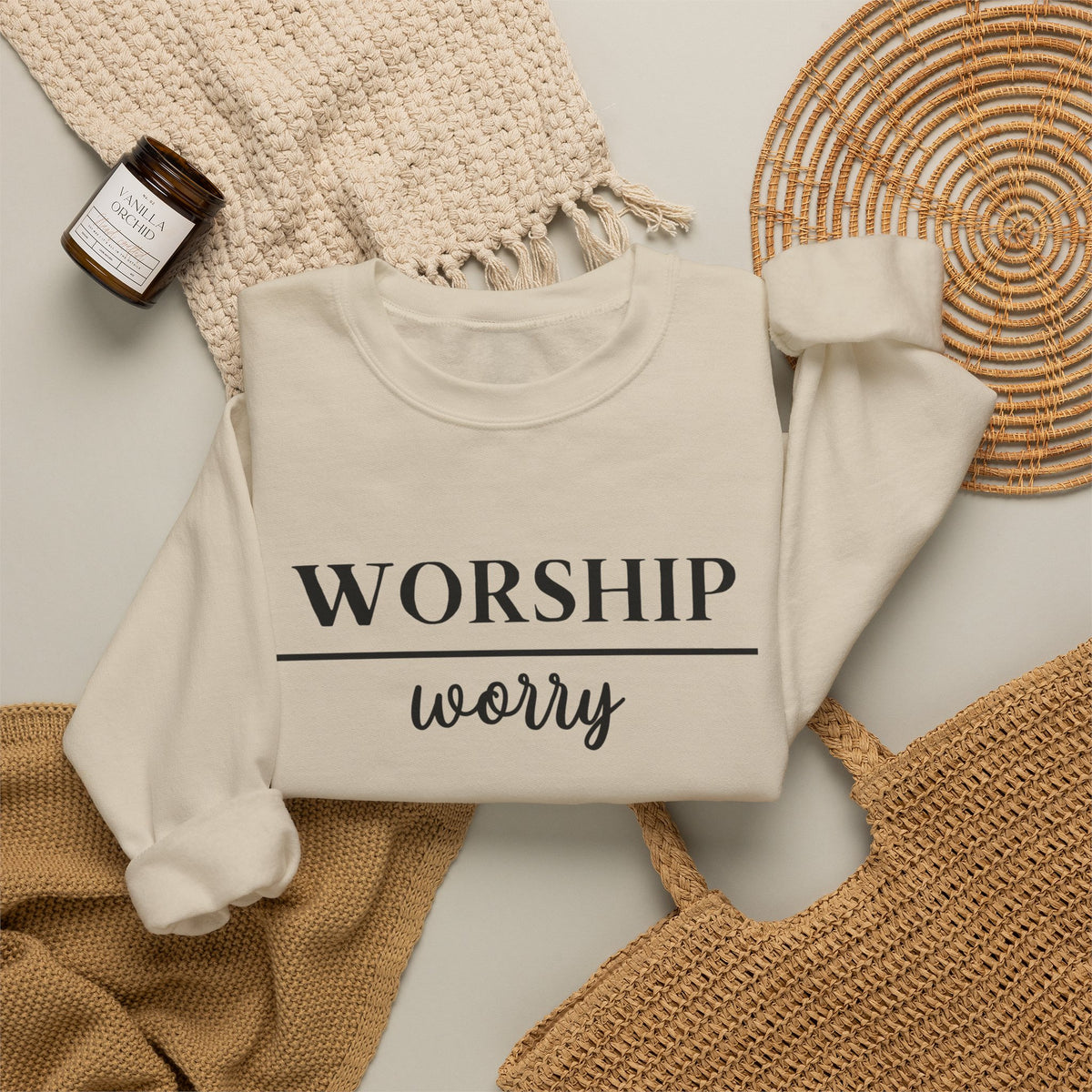 Worship Over Worry Crewneck Sweatshirt — Fall Colors Christian Faith Encouragement Pullover