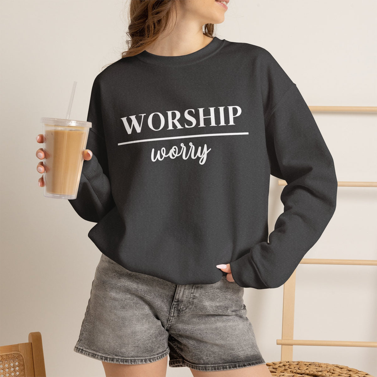 Worship Over Worry Crewneck Sweatshirt — Fall Colors Christian Faith Encouragement Pullover