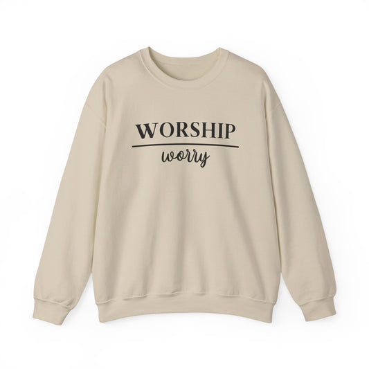 Worship Over Worry Crewneck Sweatshirt — Fall Colors Christian Faith Encouragement Pullover