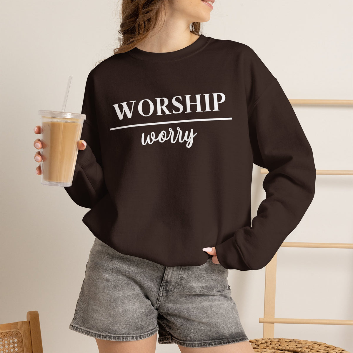 Worship Over Worry Crewneck Sweatshirt — Fall Colors Christian Faith Encouragement Pullover