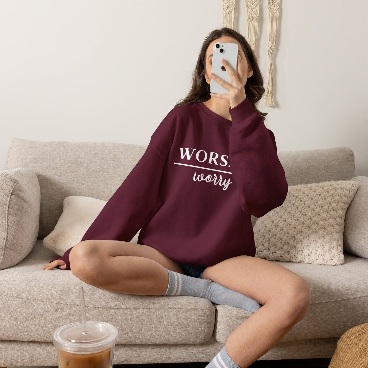 Worship Over Worry Crewneck Sweatshirt — Fall Colors Christian Faith Encouragement Pullover
