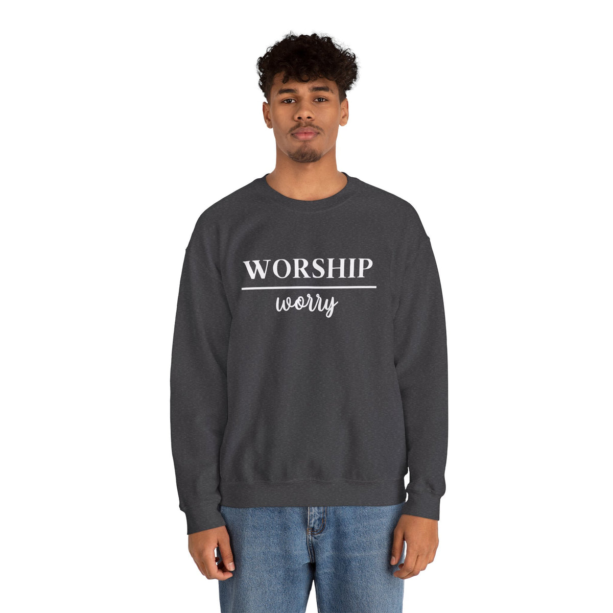 Worship Over Worry Crewneck Sweatshirt — Fall Colors Christian Faith Encouragement Pullover