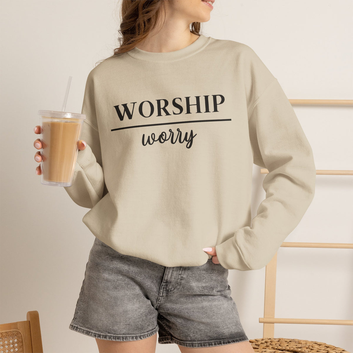 Worship Over Worry Crewneck Sweatshirt — Fall Colors Christian Faith Encouragement Pullover