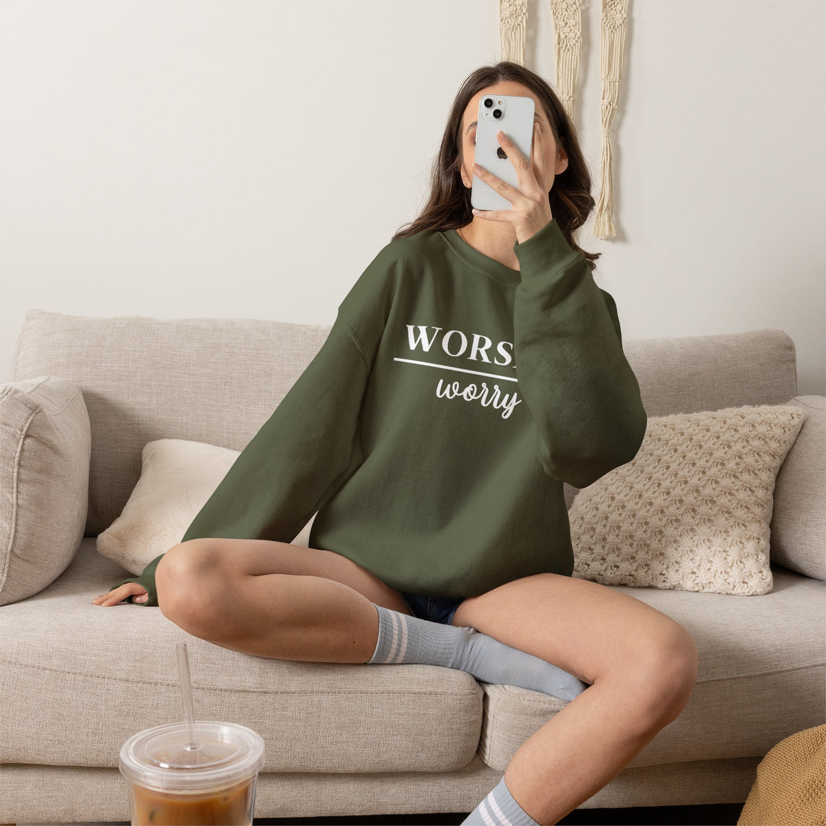 Worship Over Worry Crewneck Sweatshirt — Fall Colors Christian Faith Encouragement Pullover
