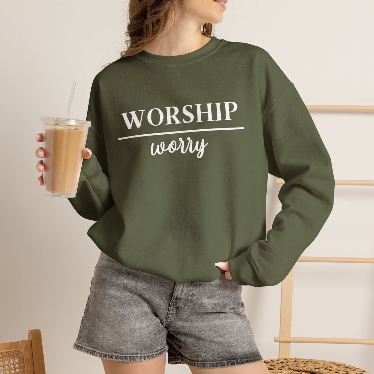 Worship Over Worry Crewneck Sweatshirt — Fall Colors Christian Faith Encouragement Pullover