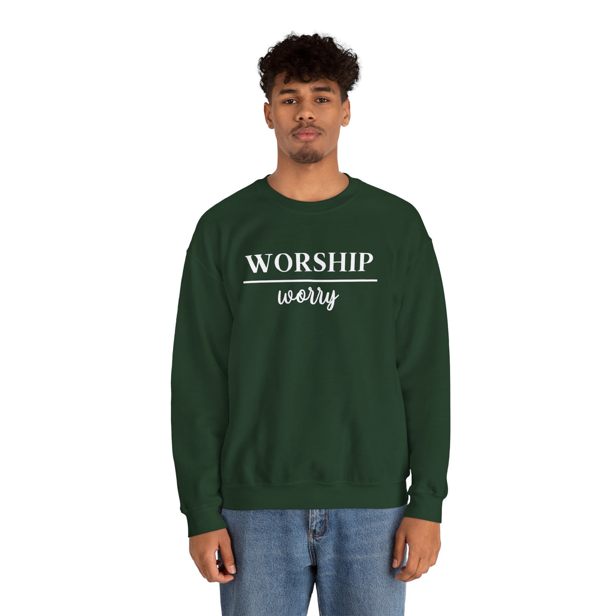 Worship Over Worry Crewneck Sweatshirt — Fall Colors Christian Faith Encouragement Pullover