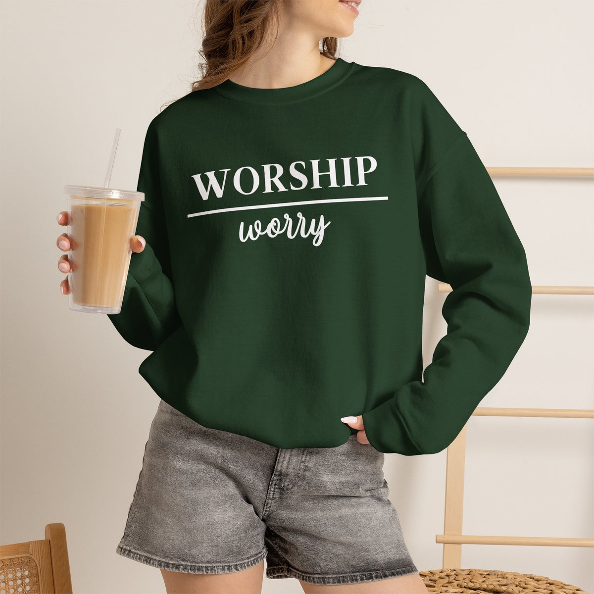 Worship Over Worry Crewneck Sweatshirt — Fall Colors Christian Faith Encouragement Pullover