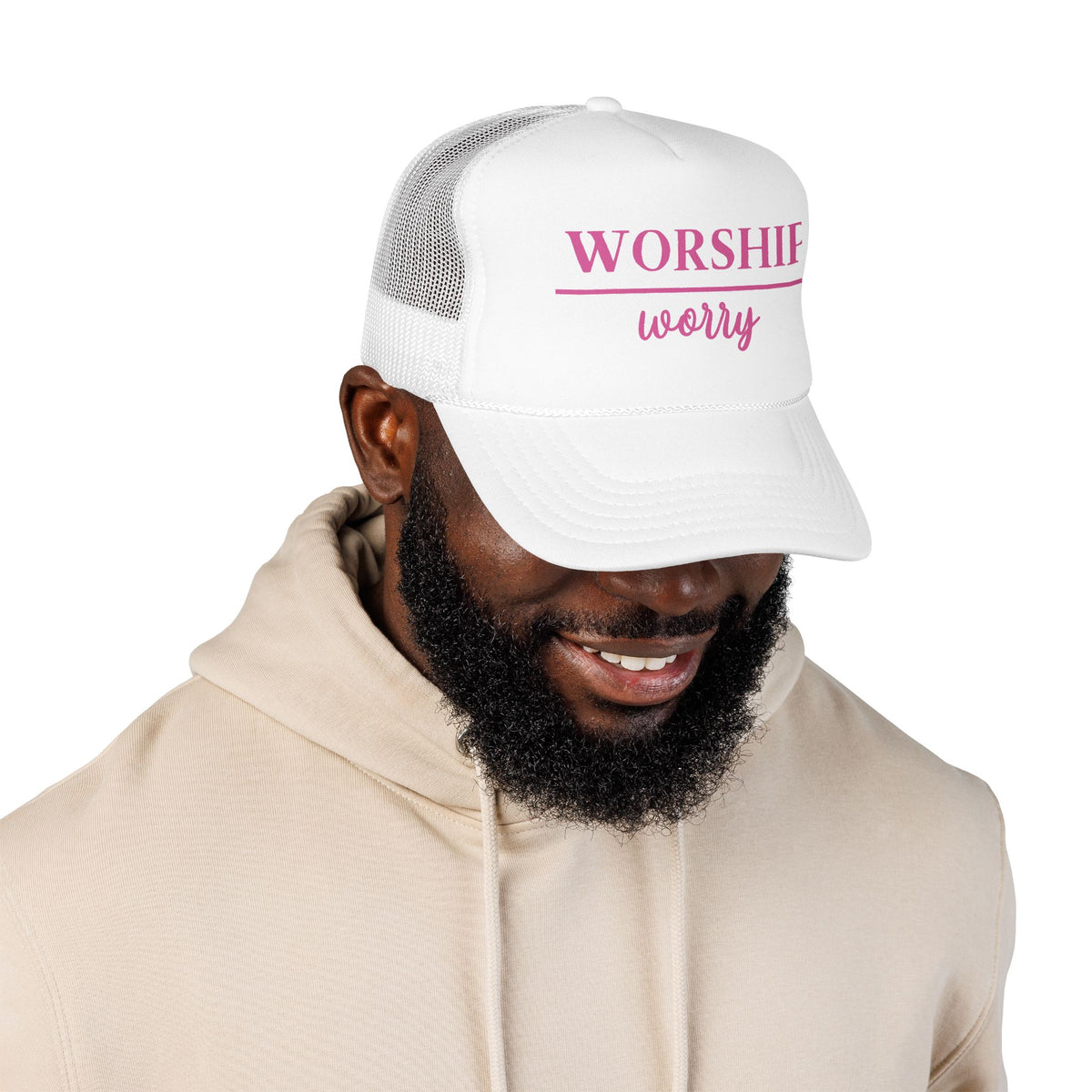 Worship Over Worry Trucker Hat — Pink Faith Foam Hat