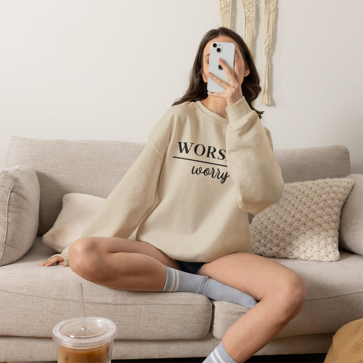 Worship Over Worry Crewneck Sweatshirt — Fall Colors Christian Faith Encouragement Pullover