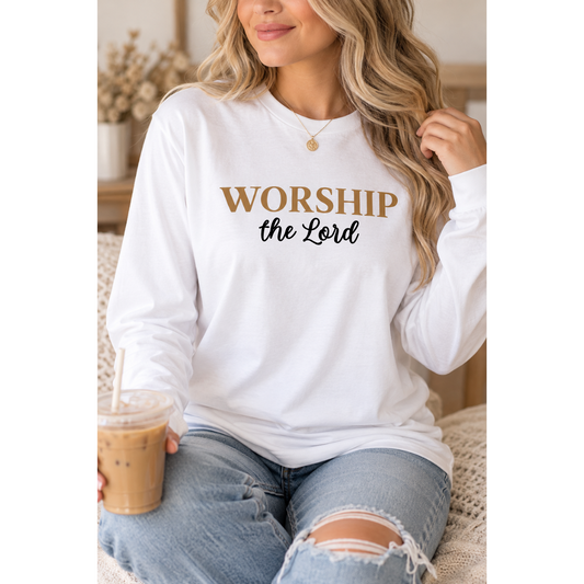 Worship the Lord Long Sleeve Tee — Christian Faith Graphic Shirt
