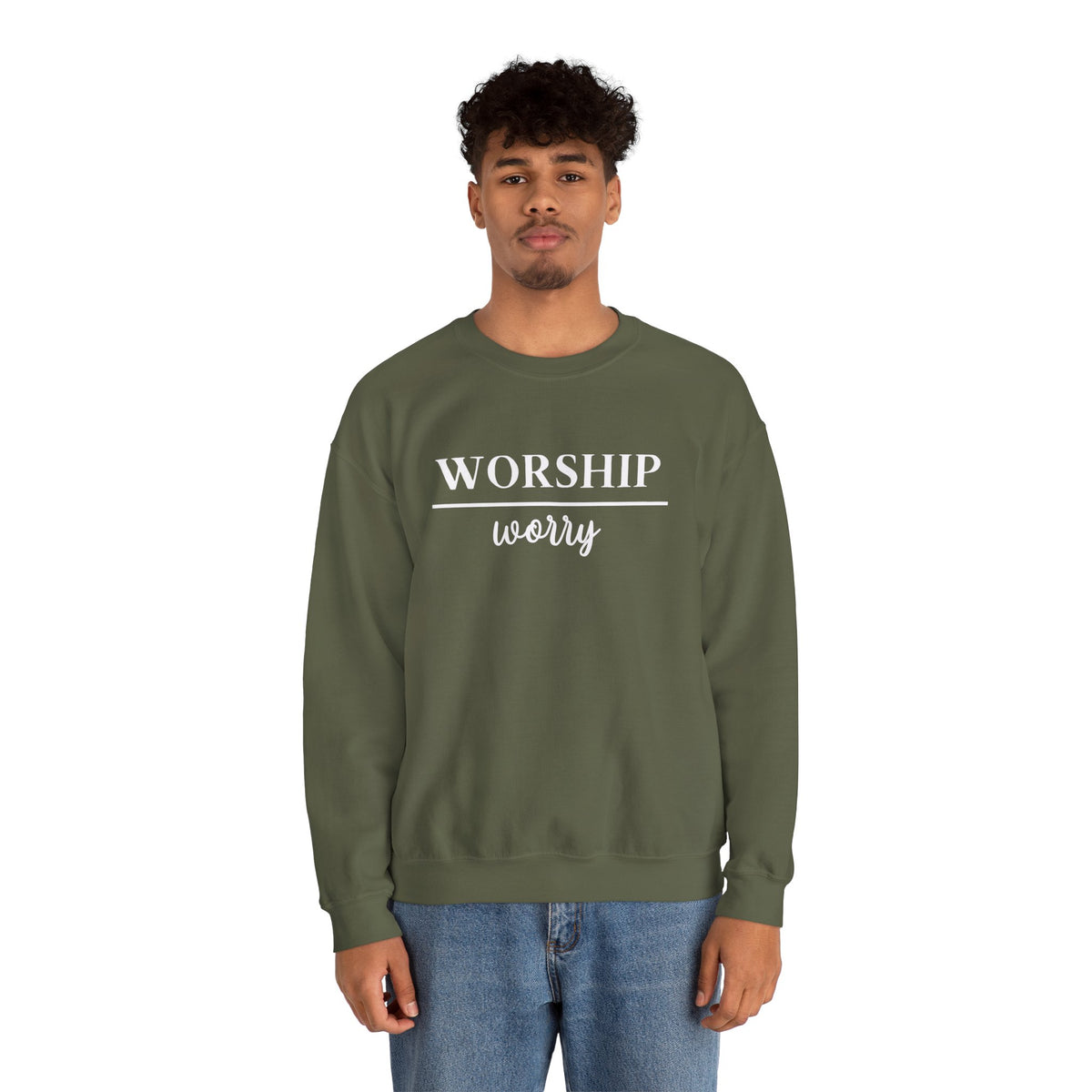 Worship Over Worry Crewneck Sweatshirt — Fall Colors Christian Faith Encouragement Pullover