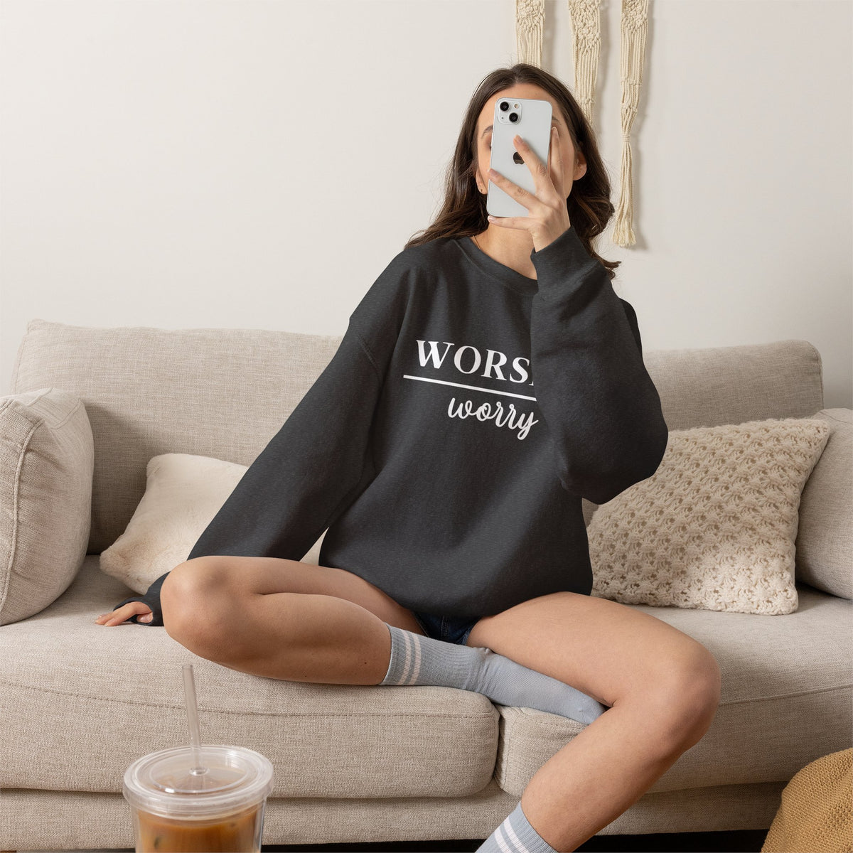 Worship Over Worry Crewneck Sweatshirt — Fall Colors Christian Faith Encouragement Pullover