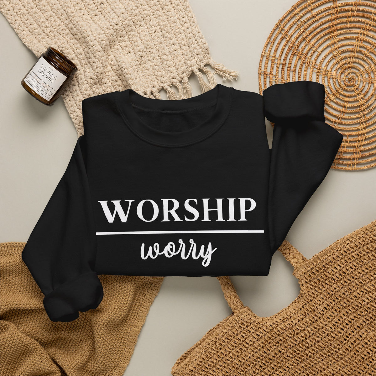 Worship Over Worry Crewneck Sweatshirt — Fall Colors Christian Faith Encouragement Pullover