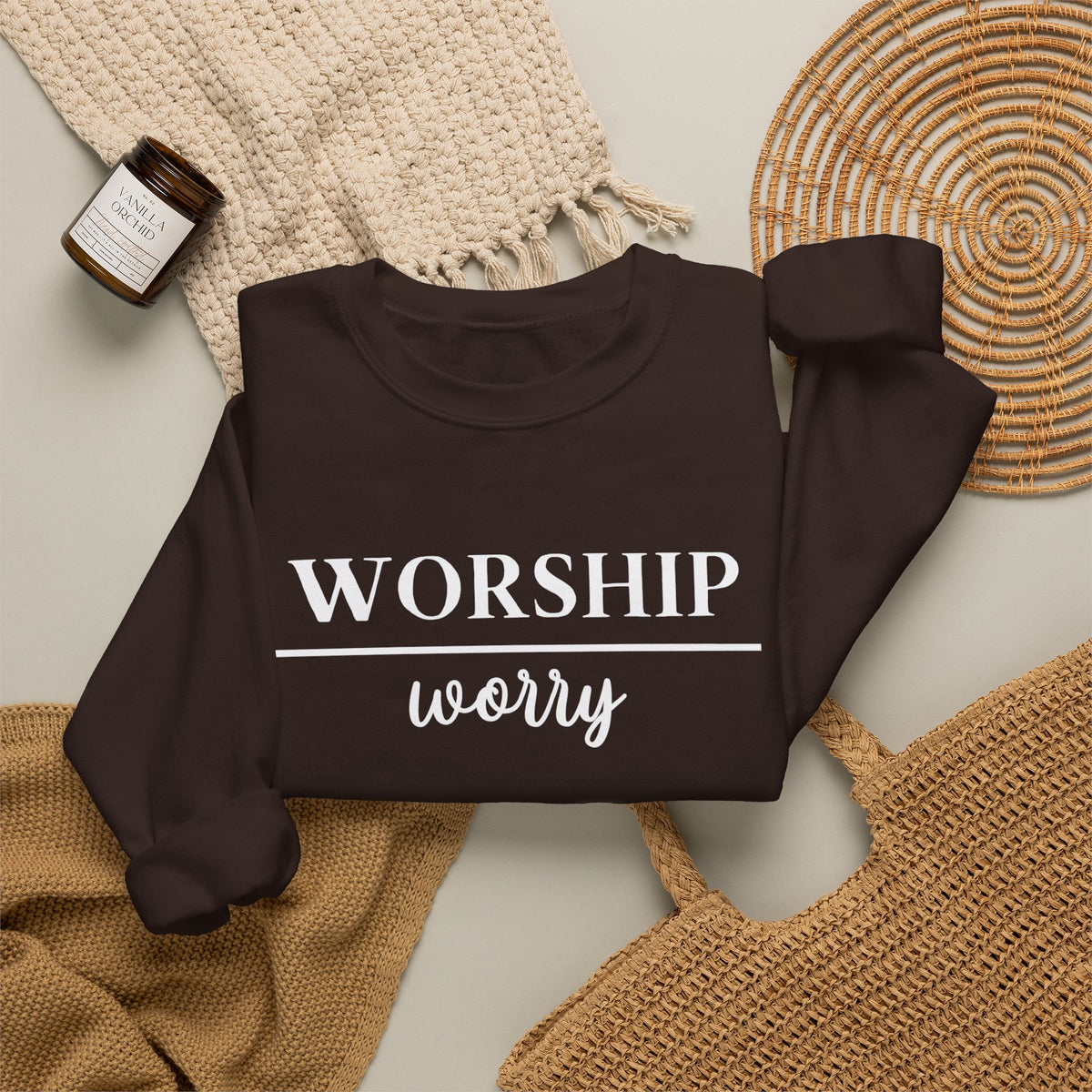 Worship Over Worry Crewneck Sweatshirt — Fall Colors Christian Faith Encouragement Pullover