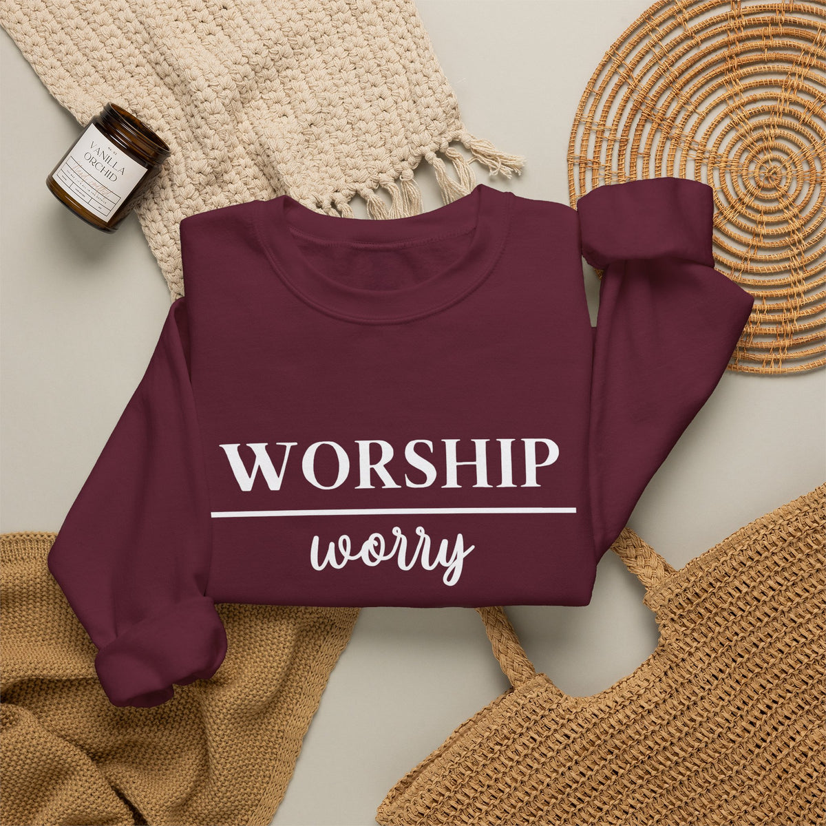 Worship Over Worry Crewneck Sweatshirt — Fall Colors Christian Faith Encouragement Pullover