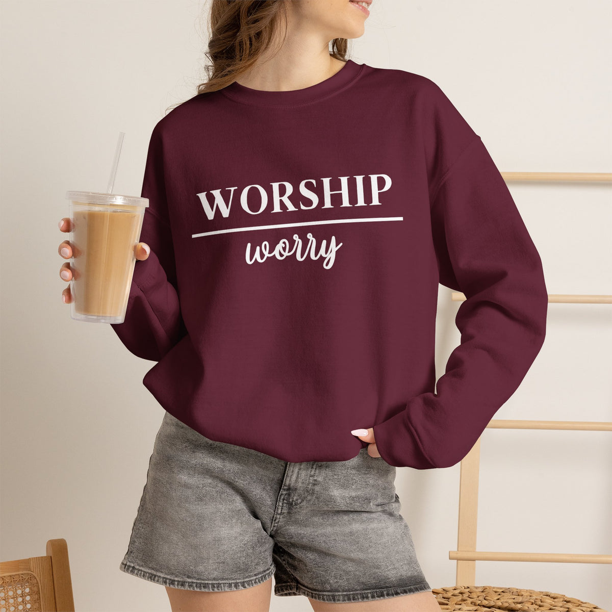 Worship Over Worry Crewneck Sweatshirt — Fall Colors Christian Faith Encouragement Pullover
