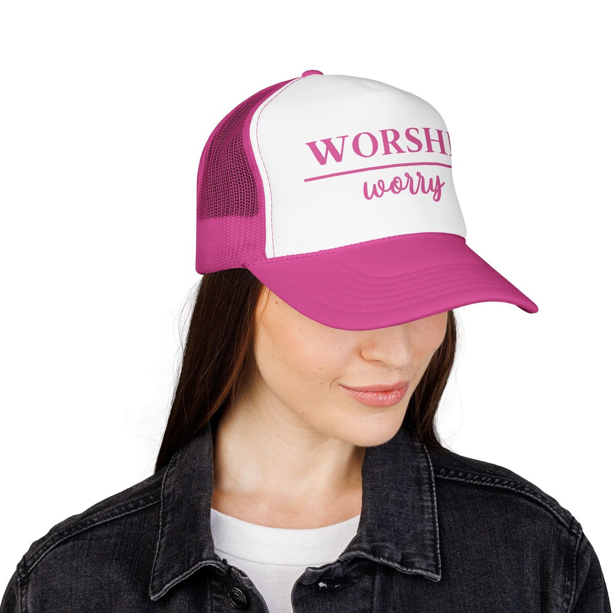 Worship Over Worry Trucker Hat — Pink Faith Foam Hat
