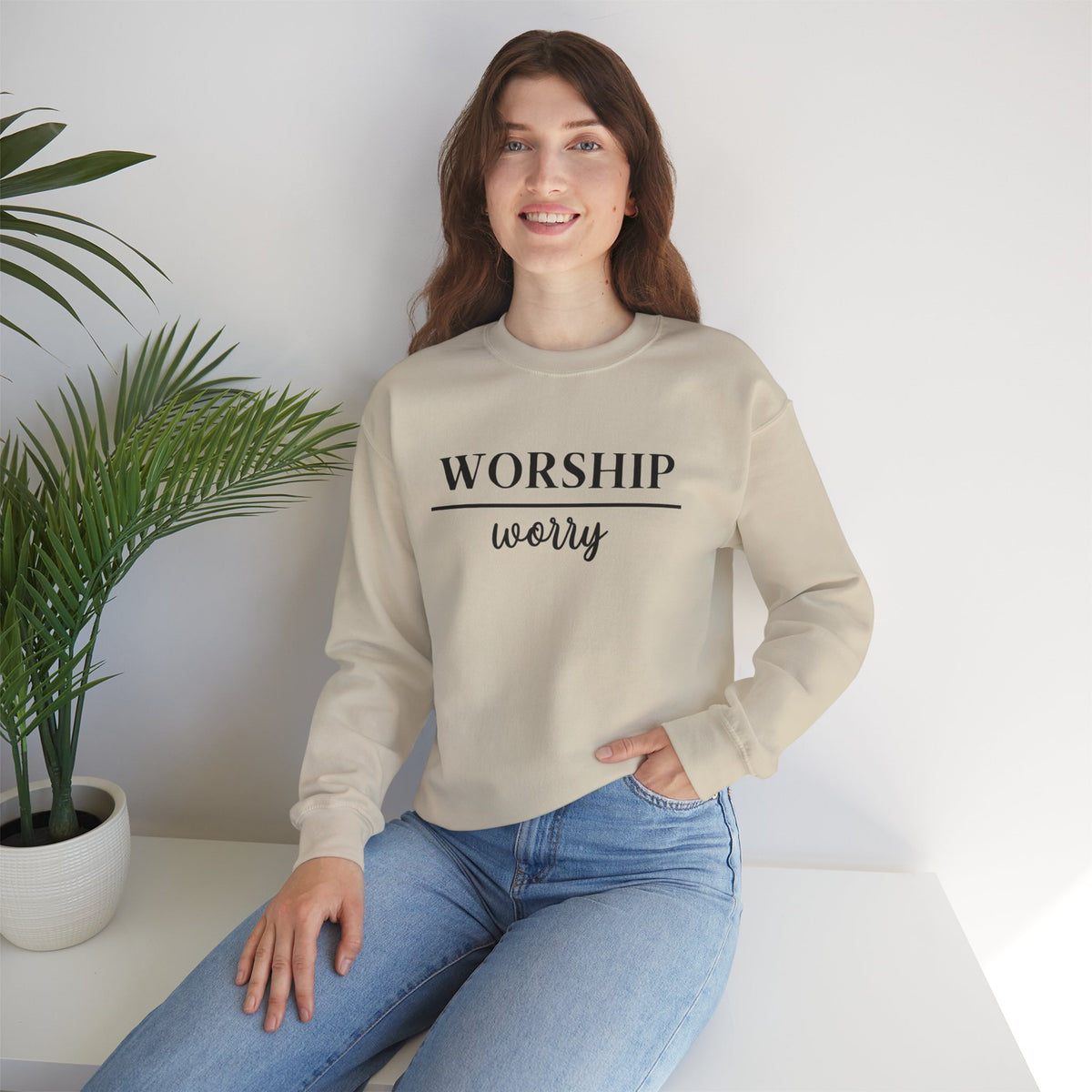 Worship Over Worry Crewneck Sweatshirt — Fall Colors Christian Faith Encouragement Pullover
