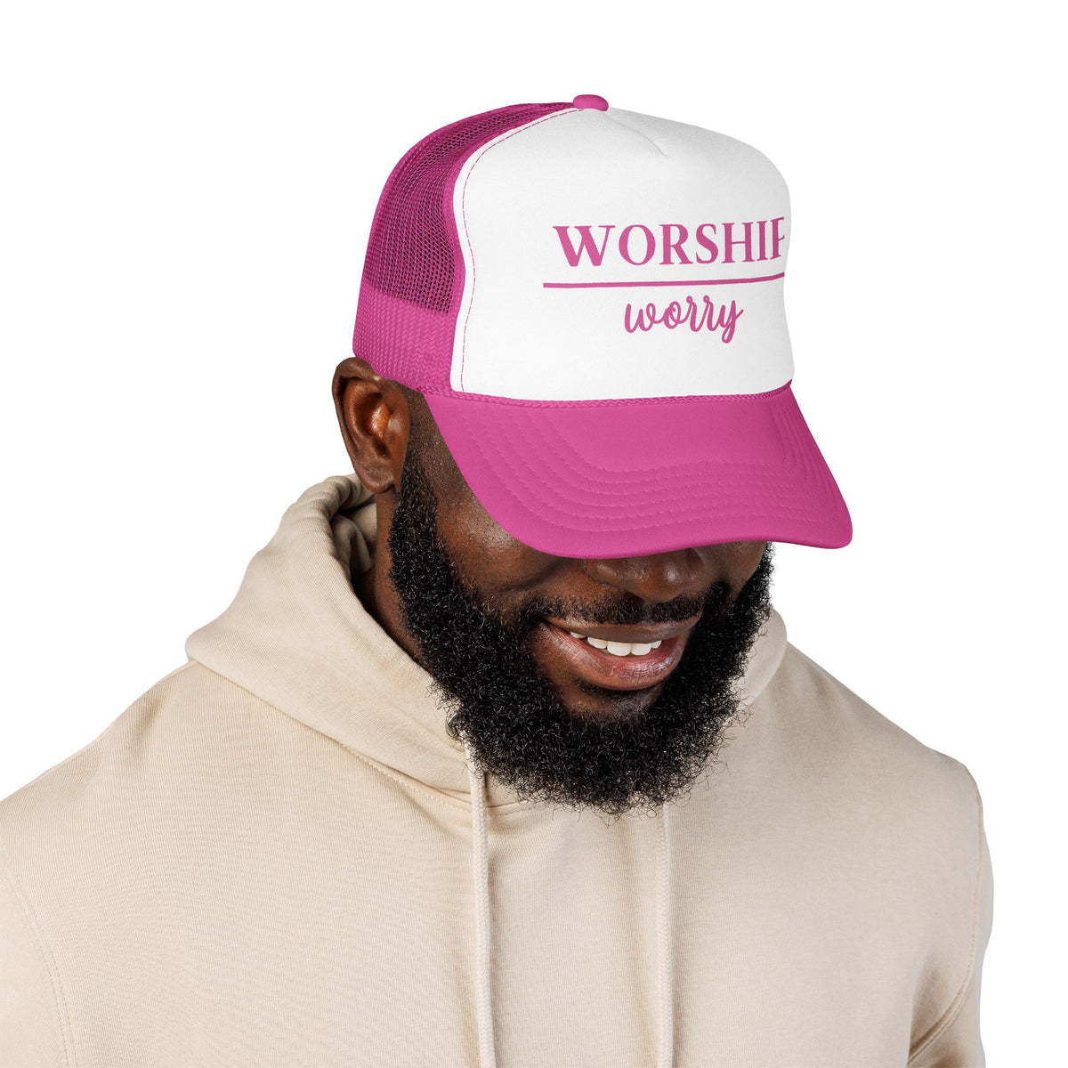 Worship Over Worry Trucker Hat — Pink Faith Foam Hat