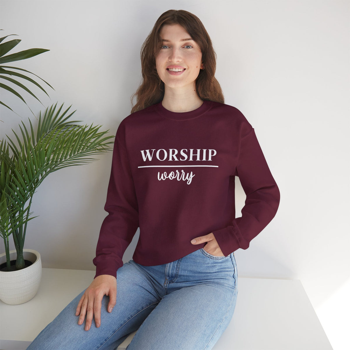 Worship Over Worry Crewneck Sweatshirt — Fall Colors Christian Faith Encouragement Pullover
