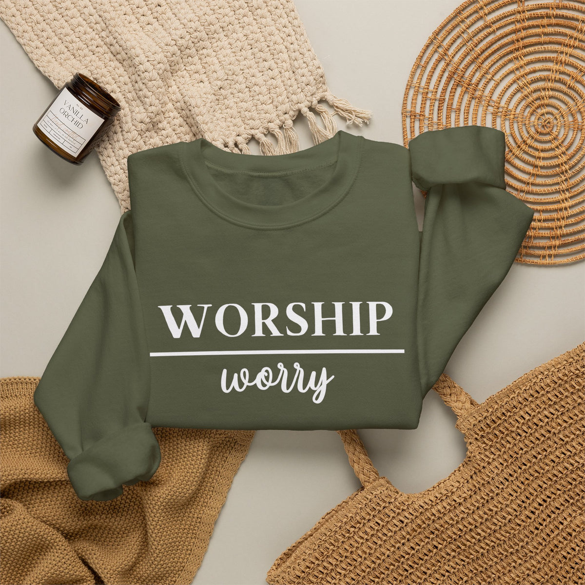Worship Over Worry Crewneck Sweatshirt — Fall Colors Christian Faith Encouragement Pullover