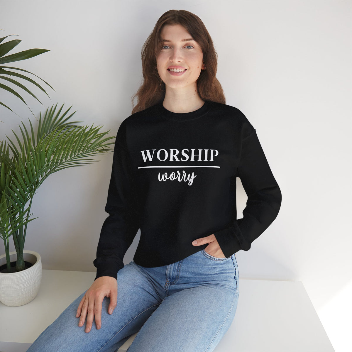 Worship Over Worry Crewneck Sweatshirt — Fall Colors Christian Faith Encouragement Pullover