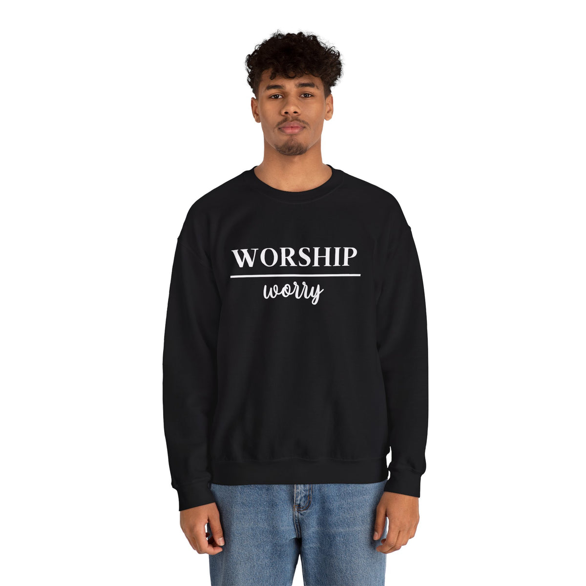 Worship Over Worry Crewneck Sweatshirt — Fall Colors Christian Faith Encouragement Pullover