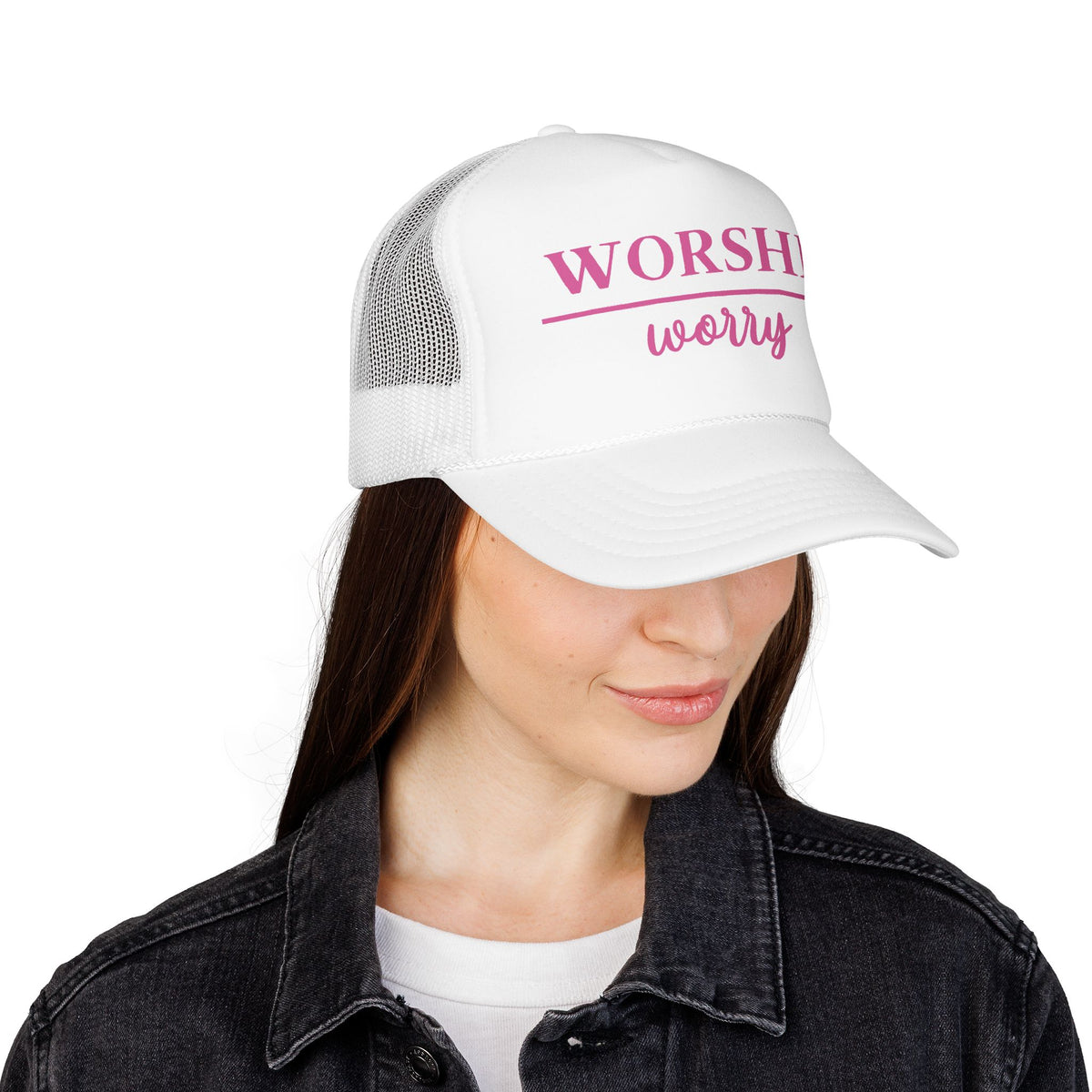 Worship Over Worry Trucker Hat — Pink Faith Foam Hat
