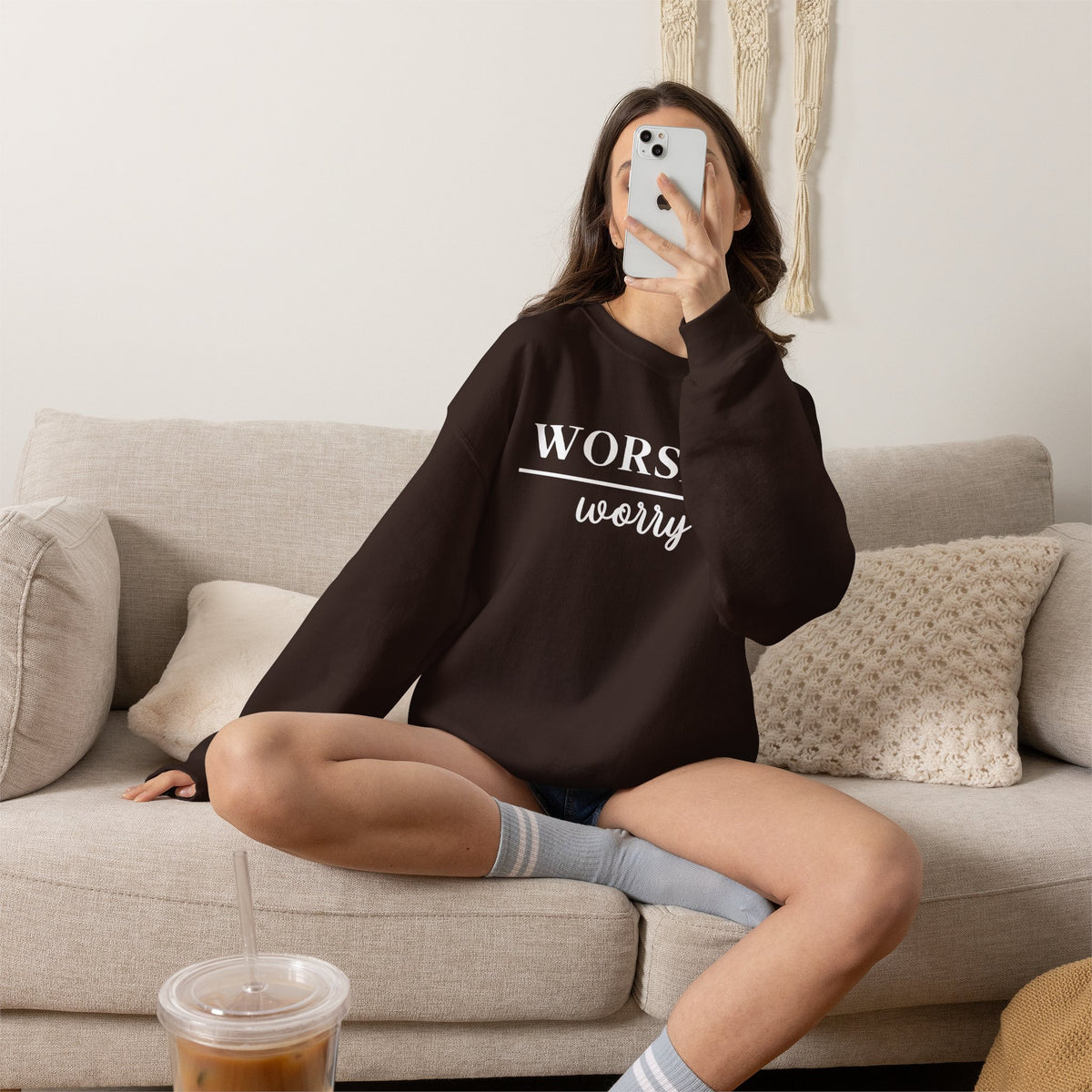 Worship Over Worry Crewneck Sweatshirt — Fall Colors Christian Faith Encouragement Pullover