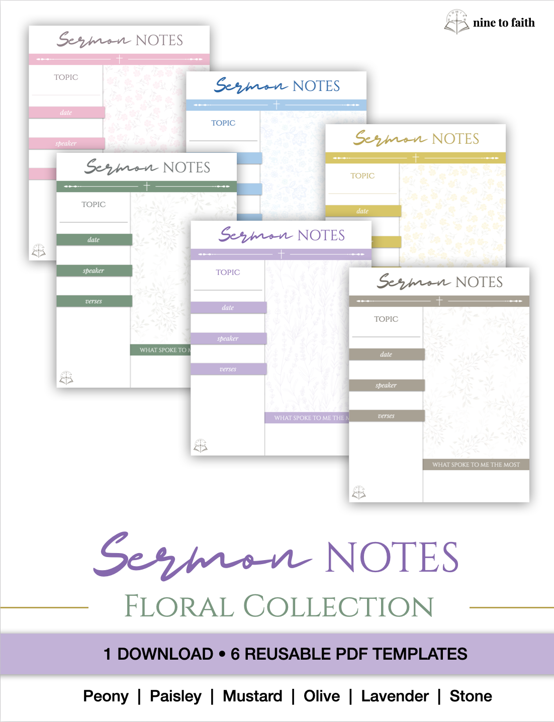 Sermon Notes Template - Floral Collection | 6 Reusable PDF Templates