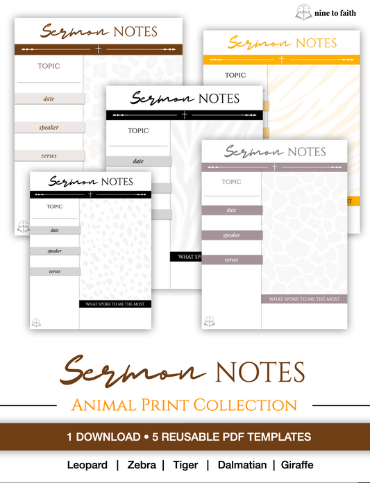 Sermon Notes Template - Animal Print Collection | 5 Reusable PDF Templates