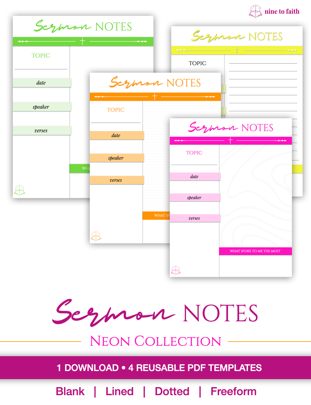 Sermon Notes Template - Neon Collection | 4 Reusable PDF Templates