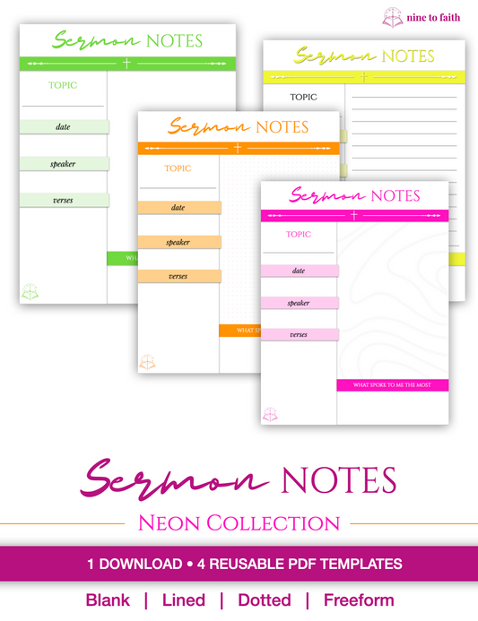 Sermon Notes Template - Neon Collection | 4 Reusable PDF Templates